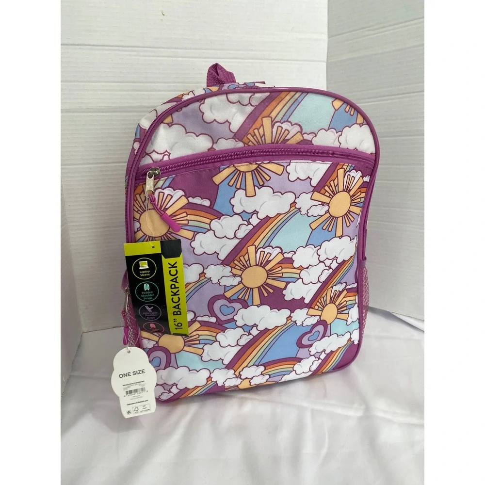 Wonder Nation Backpack Kids 16 Inch Purple Rainbow Sun Laptop Sleeve NWT